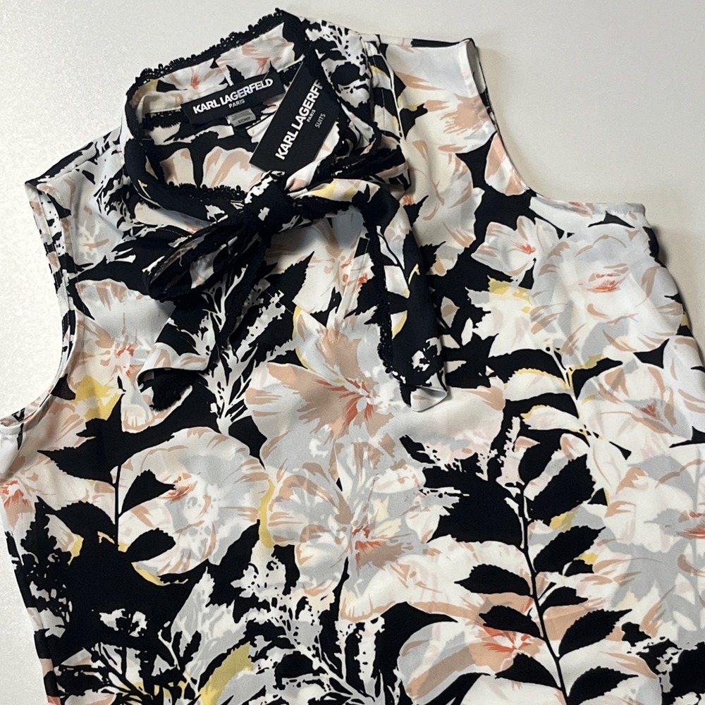 Karl Lagerfeld Chiffon Sleeveless Blouse Size S Floral Chic Tie Neck Blouse NWT